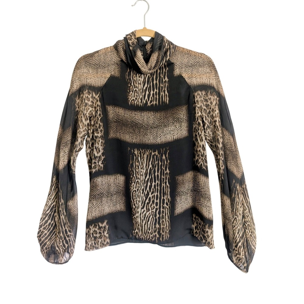 BVM Spa Chic Maximalist Italian Leopard Print Sheer 100% Silk Turtle Neck Blouse